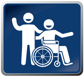 One people standing One on wheelchair